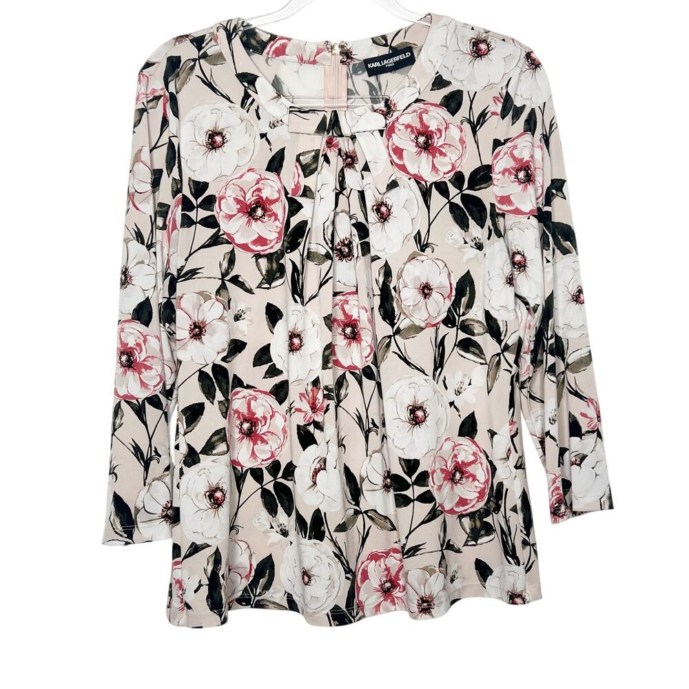 KARL LAGERFELD Vianne Floral Pleated Bow Blouse 3/4 Sleeve Cream Multi Womens L - Picture 9 of 9
